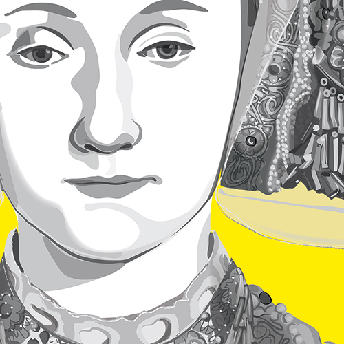 Anna von Kleve, nach Hans Holbein, Digitale Zeichnung vor gelbem Hintergrund, Ausschnitt