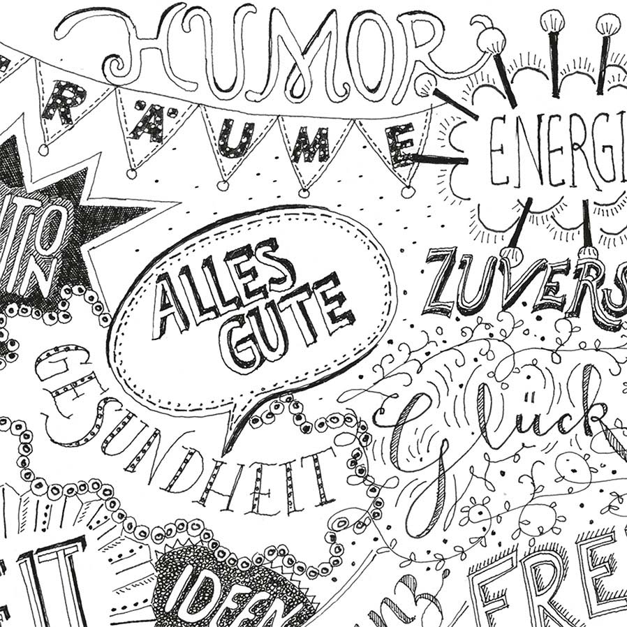 Glückwunschkarte, gezeichnete Schriftzüge, schwarz-weiß, Ausschnitt