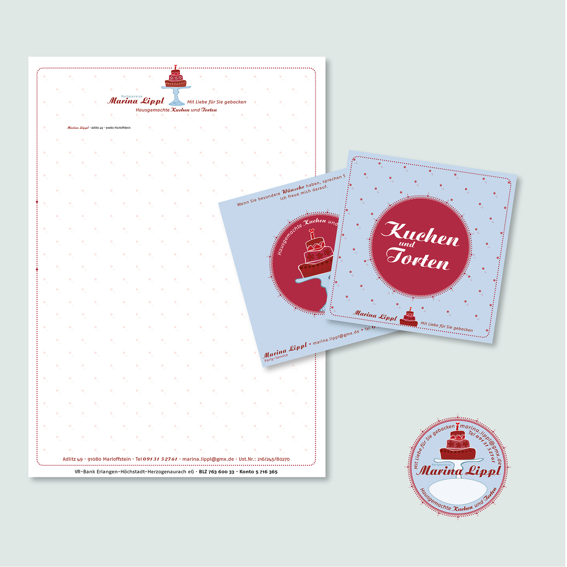 Briefbogen, quadratischer Flyer und Aufkleber für Kuchen- und Tortenbäckerin
