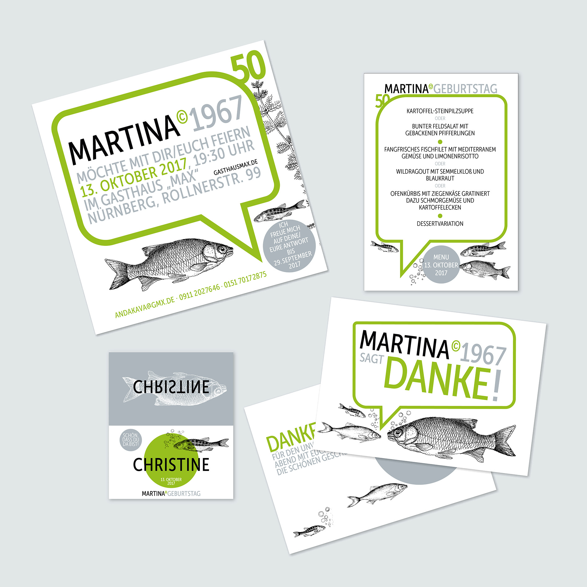 Einladung, Tischkarten, Menükarte und Dankkarte zu einem Geburtstag