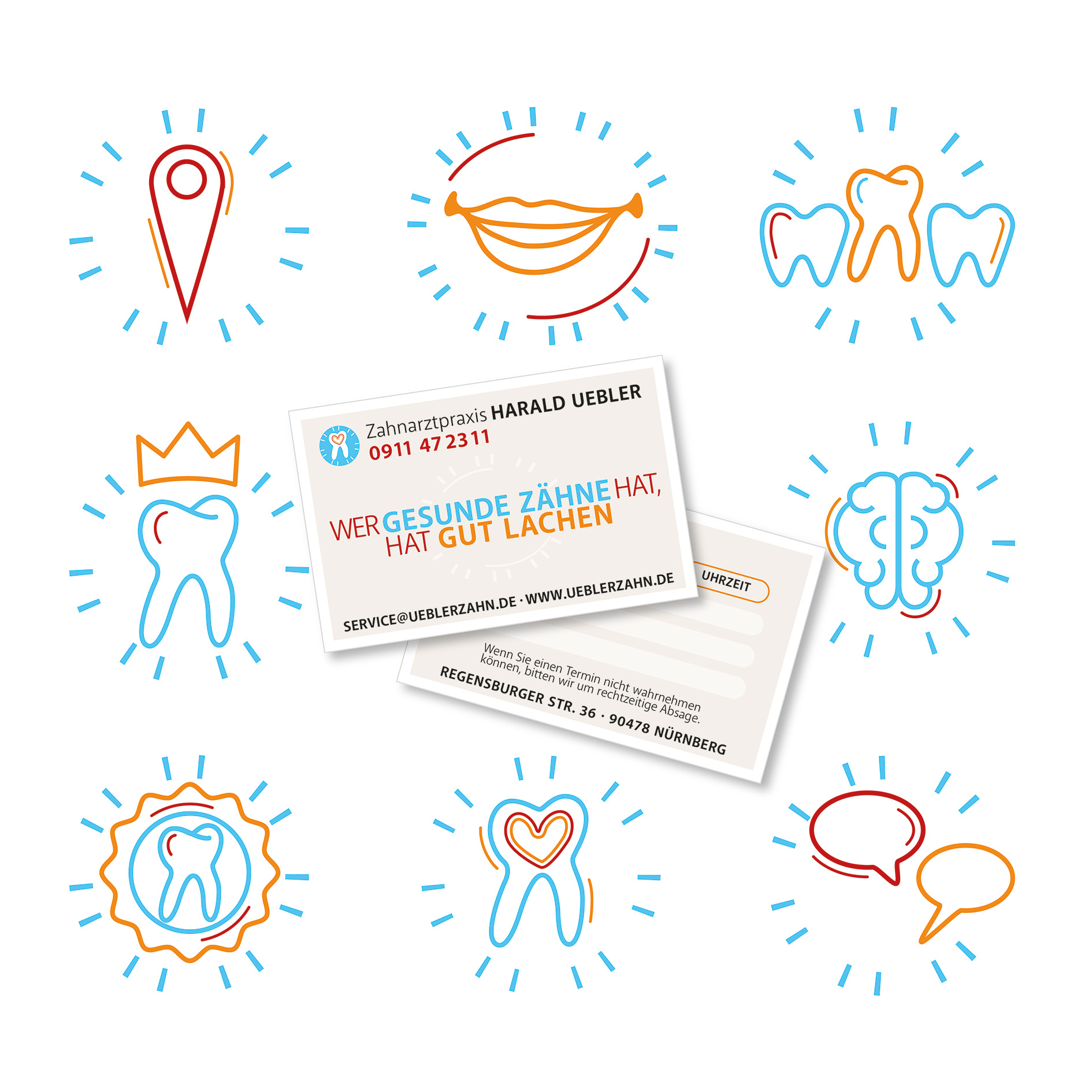 Piktogramme und Visitenkarte für Zahnarztpraxis