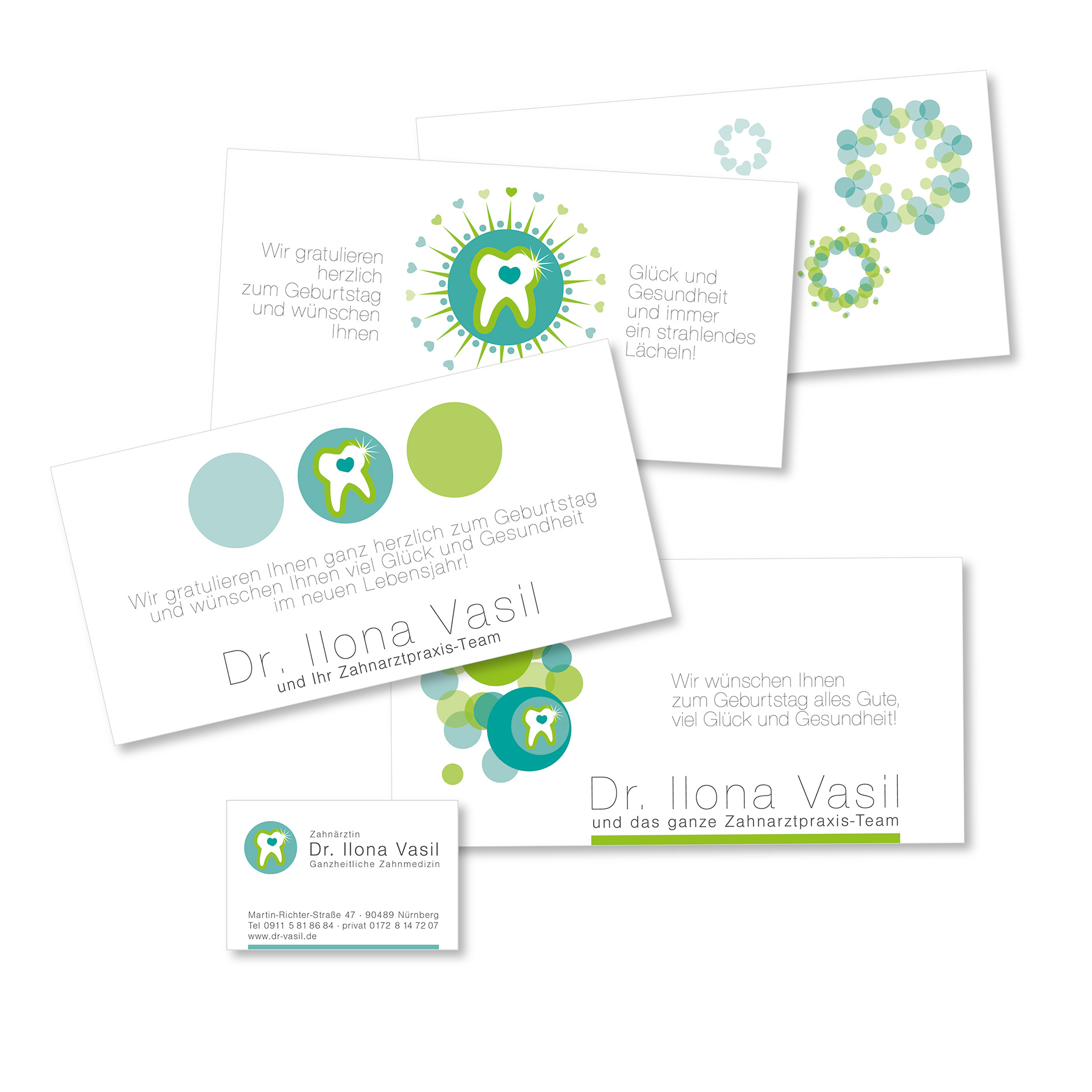 Visitenkarten und Geburtstagsglückwunschkarten für Zahnarztpraxis