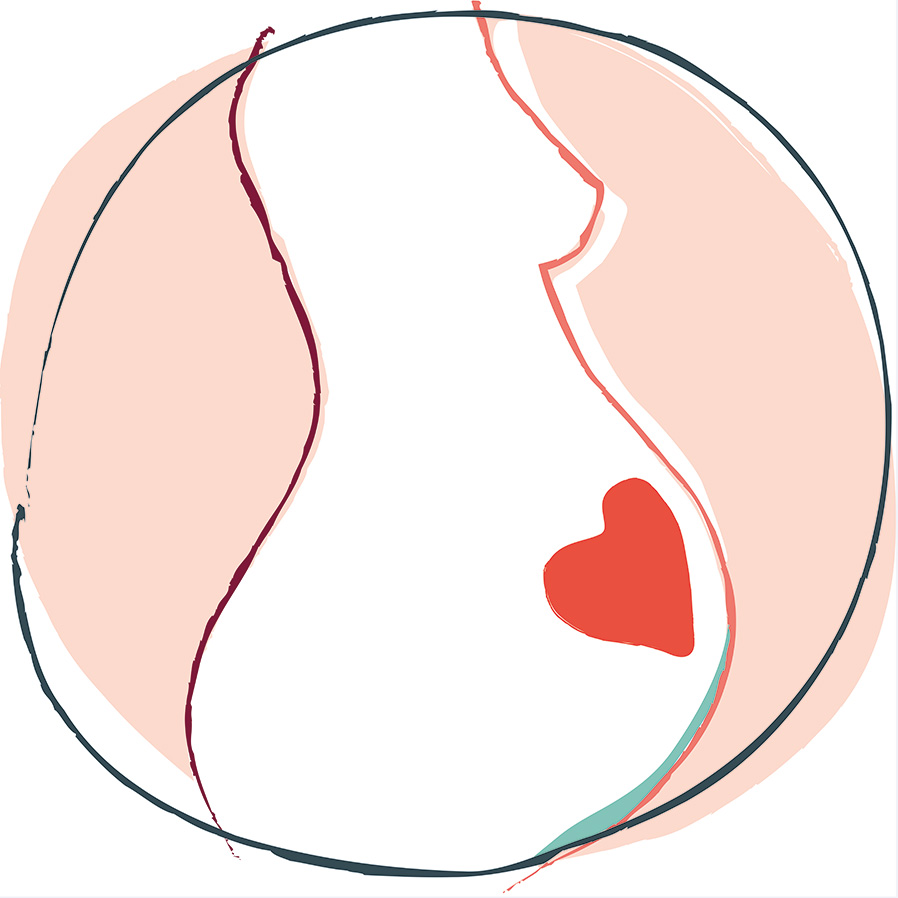 Logo für Doula Ariane, stilisierte Schwangere vor rosa Hintergrund mit rotem Herz auf dem Bauch
