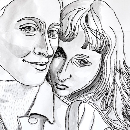 Doppelportrait Schwestern, Tusche und Stickerei, Ausschnitt
